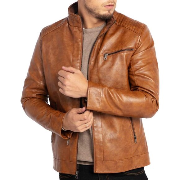 Men's Brown 1301 Stand Collar Leather Motorcycle Lightweight Faux Leather Jacket - Picture 3 of 6